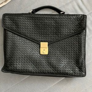 Vintage 80s Intrecciato Leather Black Briefcase